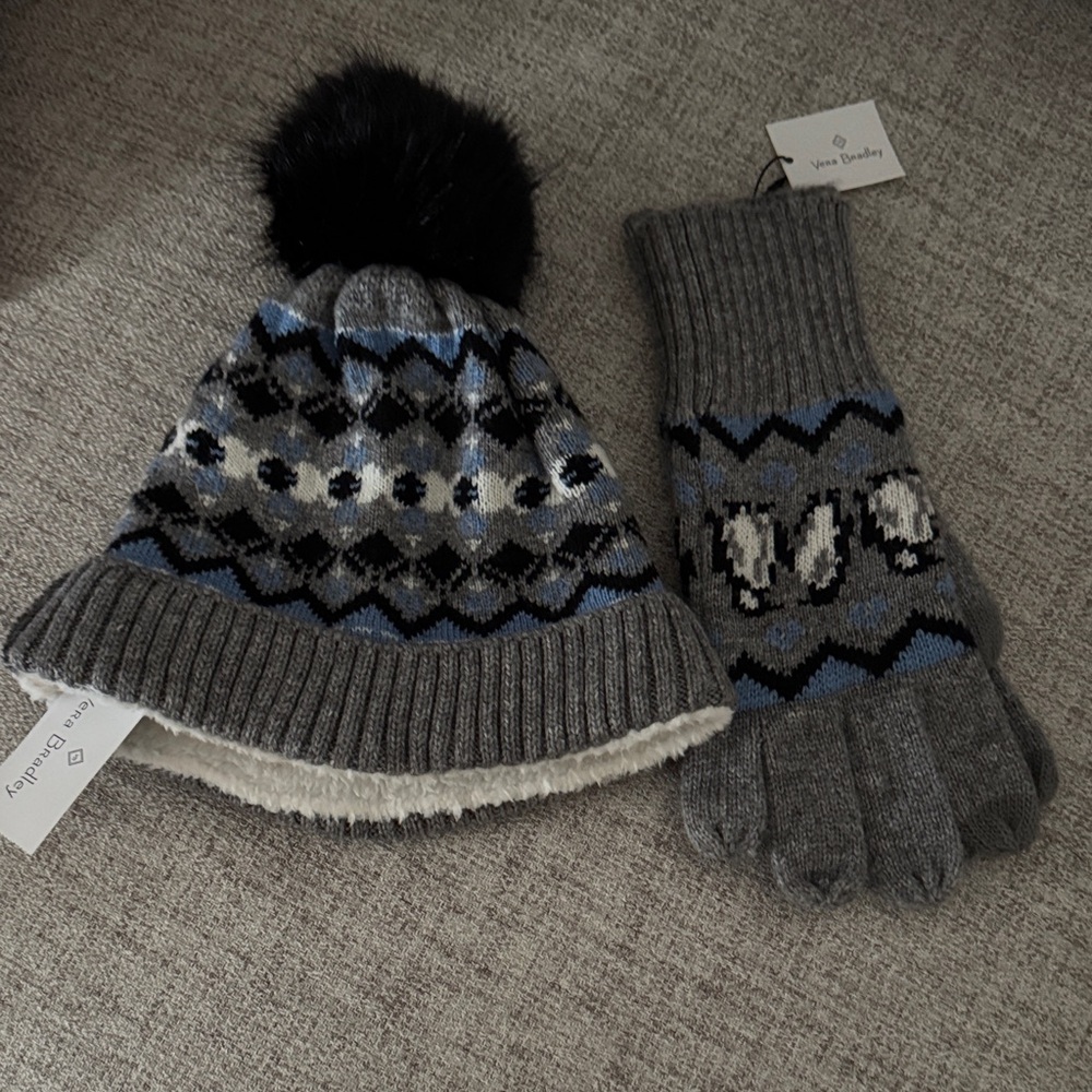 Vera Bradley one size Knit Hat and Gloves Set - Gray and Blue